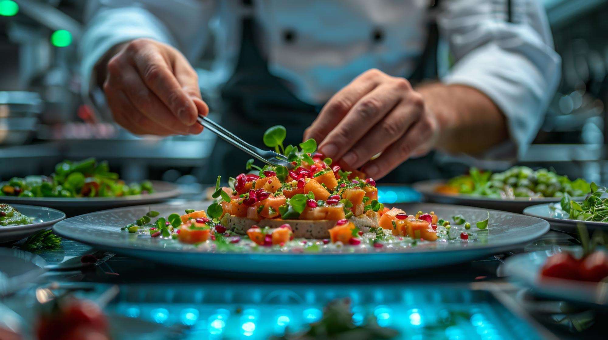Chef preparing futuristic dish in modern kitchen